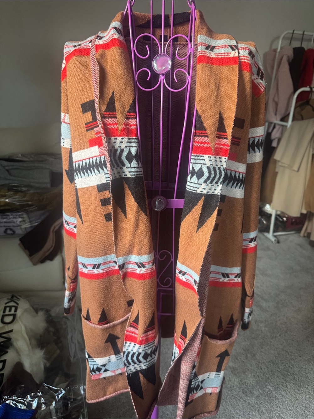 Amazon Women's Aztec Open Front Cardigan Jacket in Brown